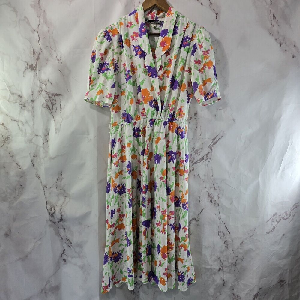 S.L. Fashions Dress Womens Medium 90s Purple Orange Green Cottagecore Long Midi